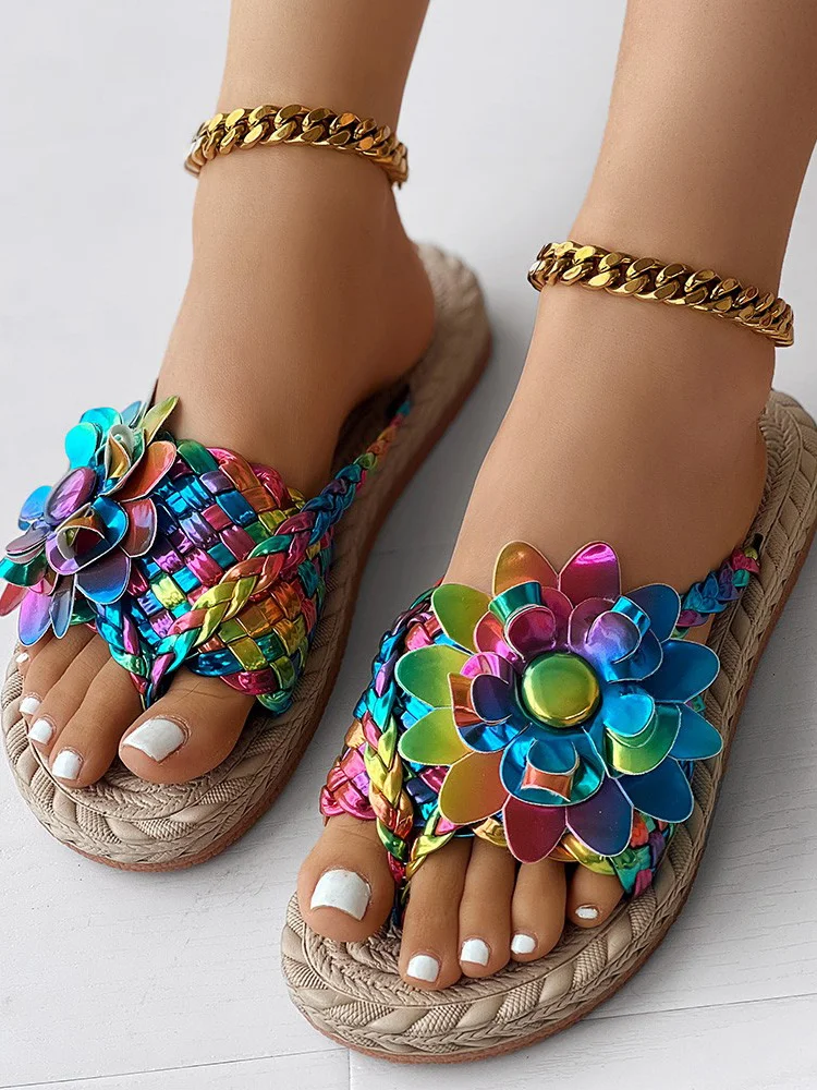 Casual Floral Slip On Flat Heel Slide Sandals Applique