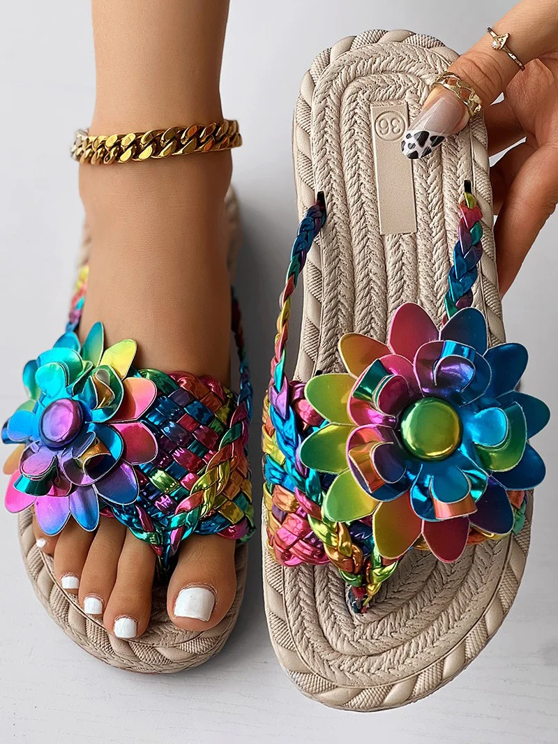 Casual Floral Slip On Flat Heel Slide Sandals Applique