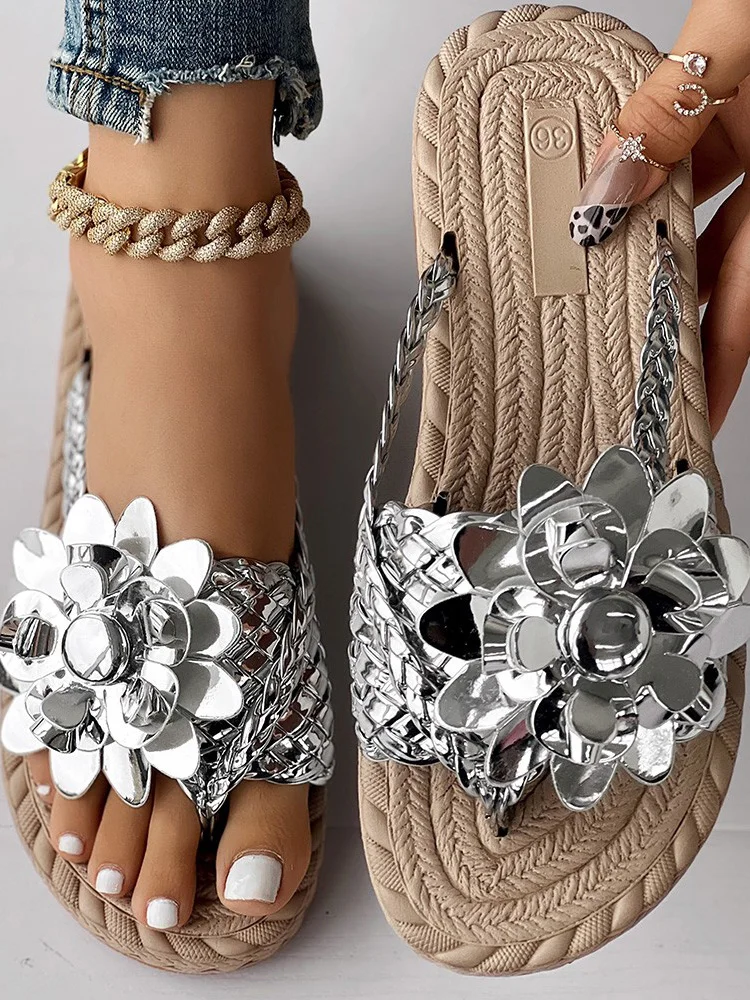 Casual Floral Slip On Flat Heel Slide Sandals Applique