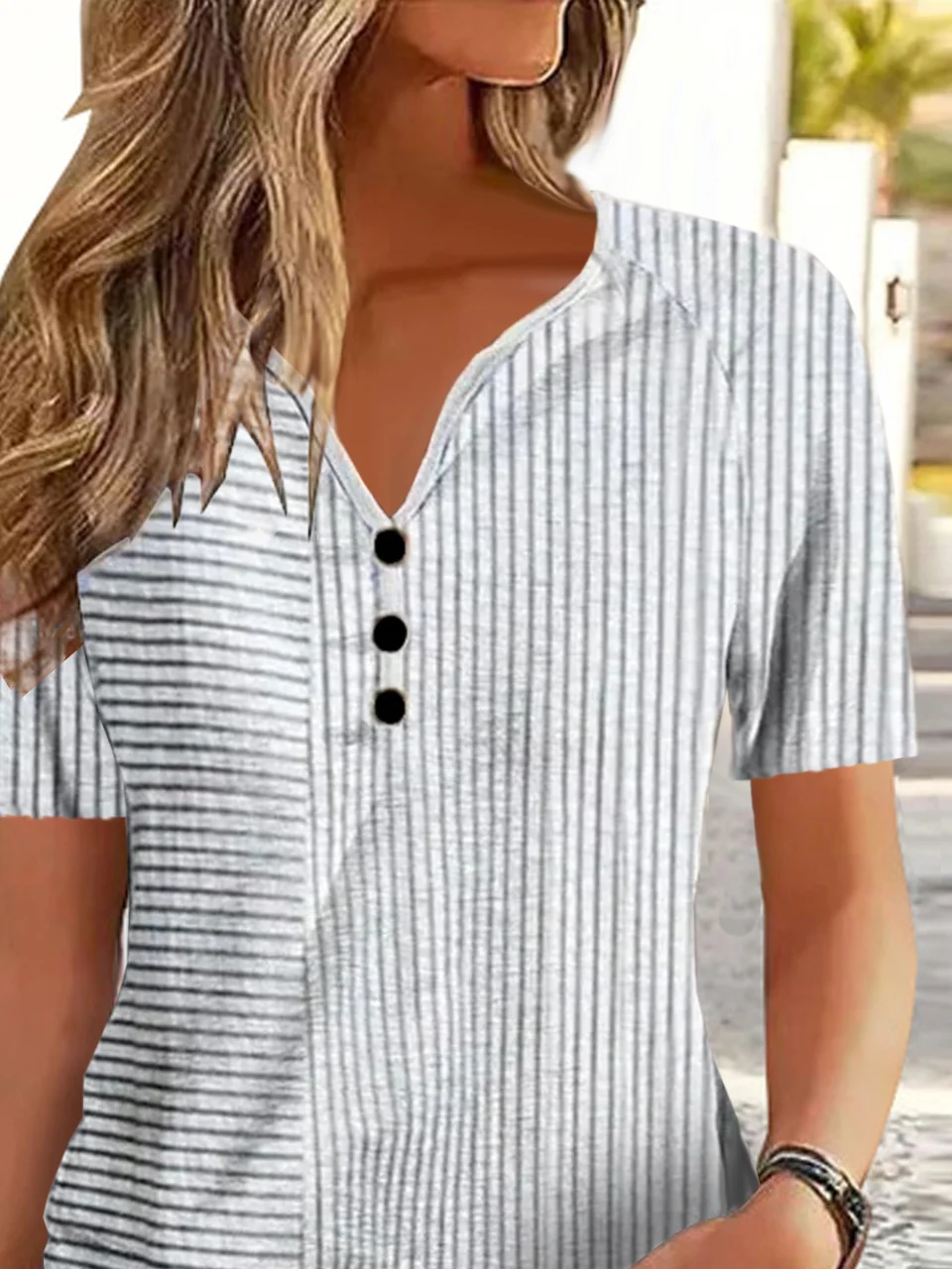 V Neck Short Sleeve Striped Regular Loose Shirt For Women