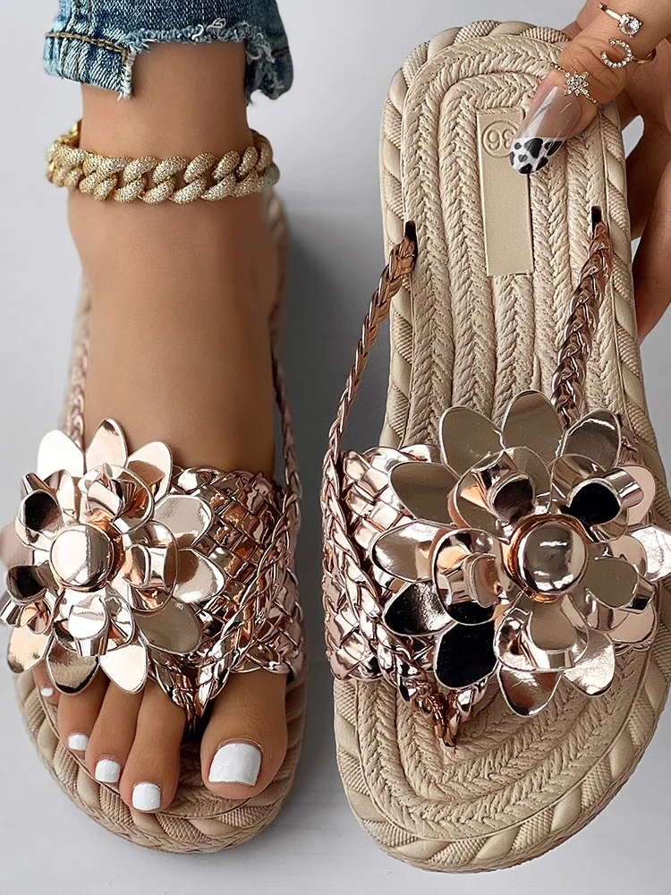 Casual Floral Slip On Flat Heel Slide Sandals Applique