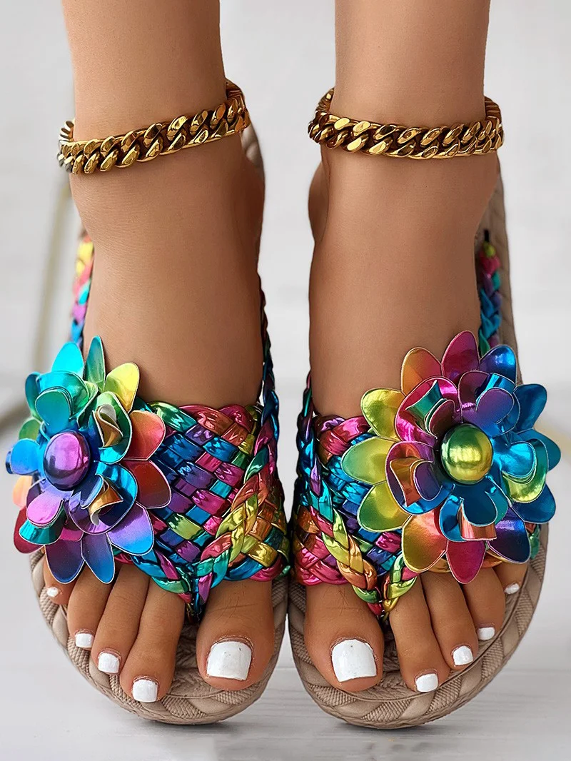 Casual Floral Slip On Flat Heel Slide Sandals Applique