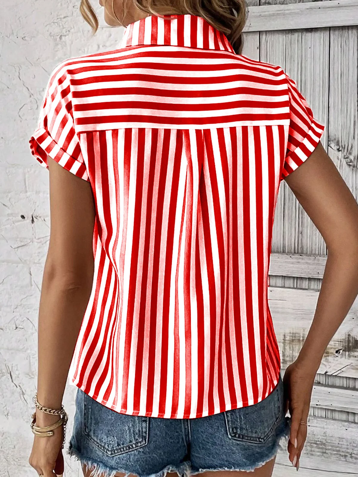 Shirt Collar Short Sleeve Striped Regular Loose Blouse For Women