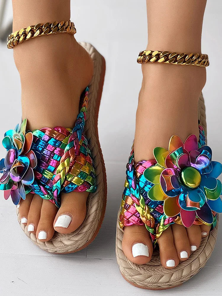 Casual Floral Slip On Flat Heel Slide Sandals Applique