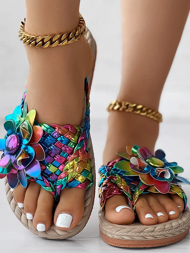 Casual Floral Slip On Flat Heel Slide Sandals Applique