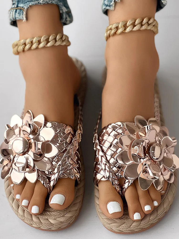 Casual Floral Slip On Flat Heel Slide Sandals Applique