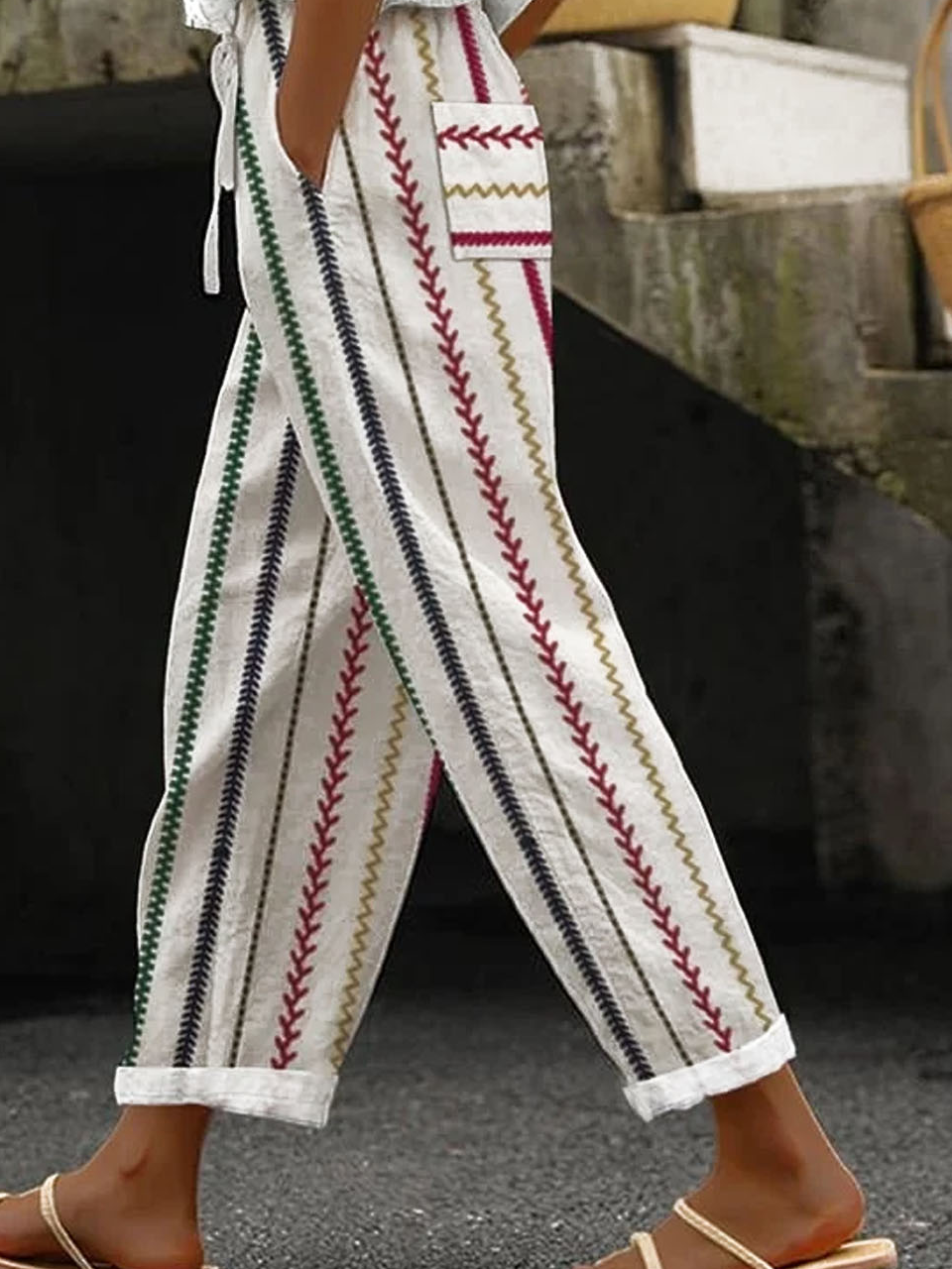 Casual Striped Long Elastic Waist Pocket Stitching Pant