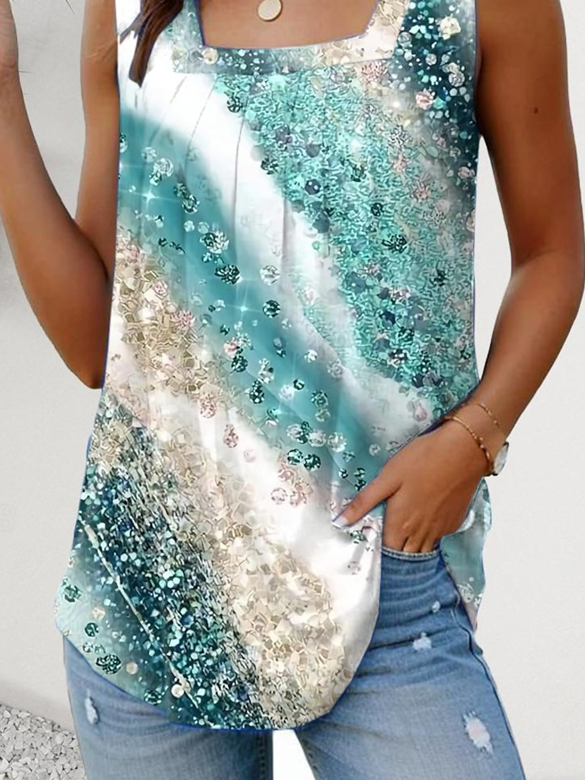 Casual Square Neck Ocean Pattern Tank Top