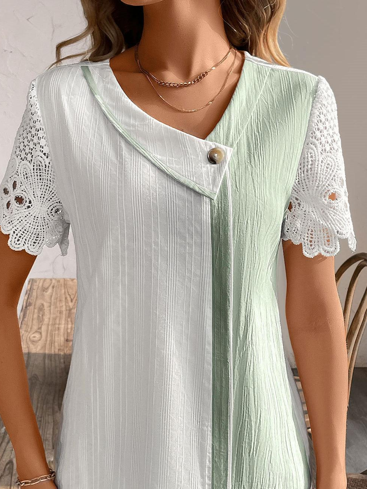 V Neck Short Sleeve Color Block Lace Regular Loose Shirt For Women