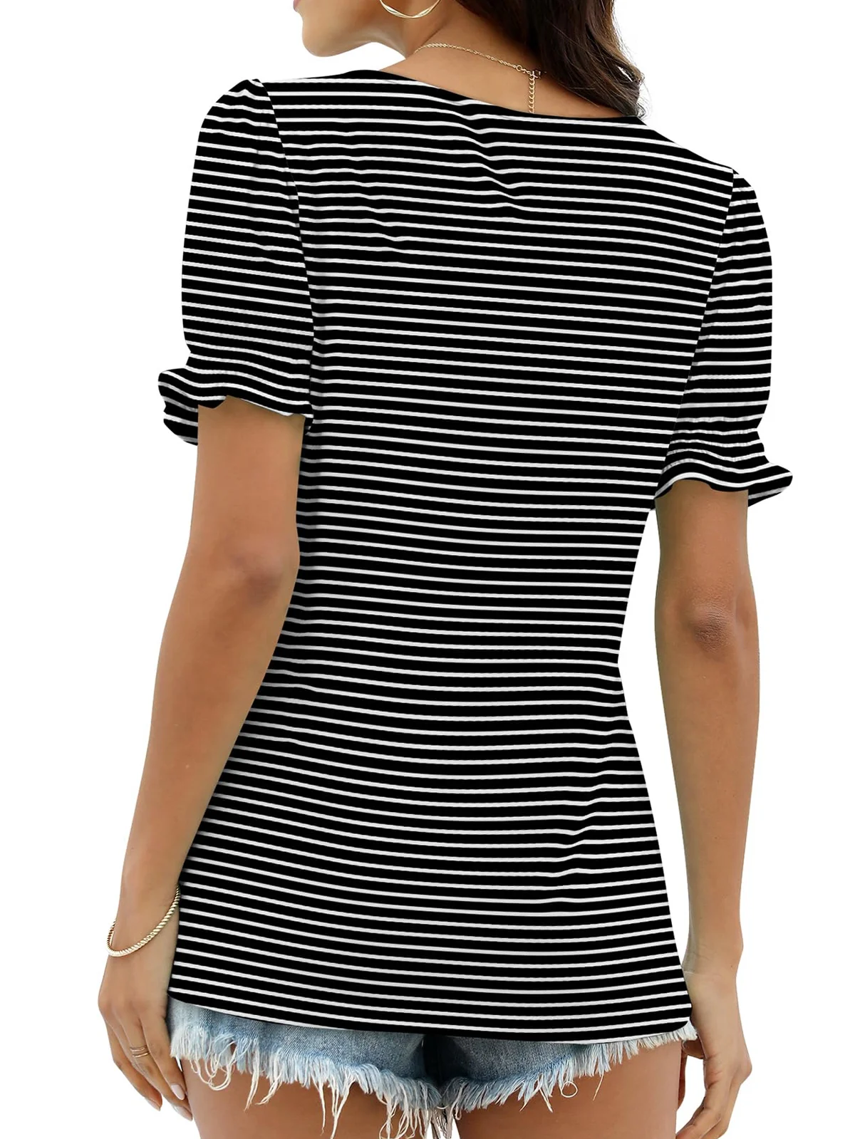 Square Neck Short Sleeve Striped Regular Micro-Elasticity Loose Shirt For Women