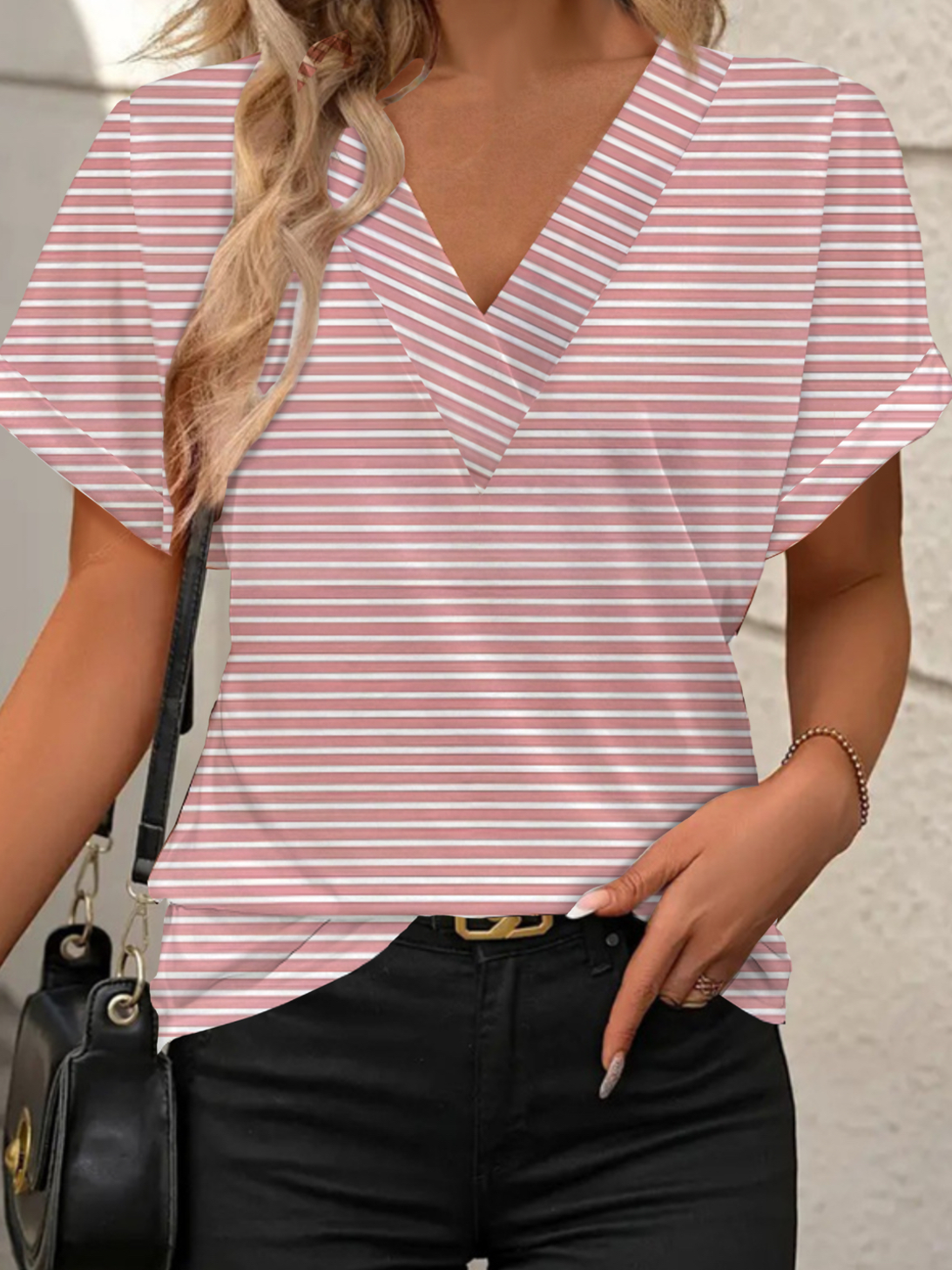 V Neck Short Sleeve Striped Buckle Regular Loose Shirt For Women
