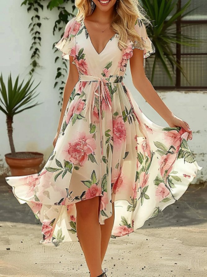 Women Floral V Neck Short Sleeve Comfy Vacation Midi Dress