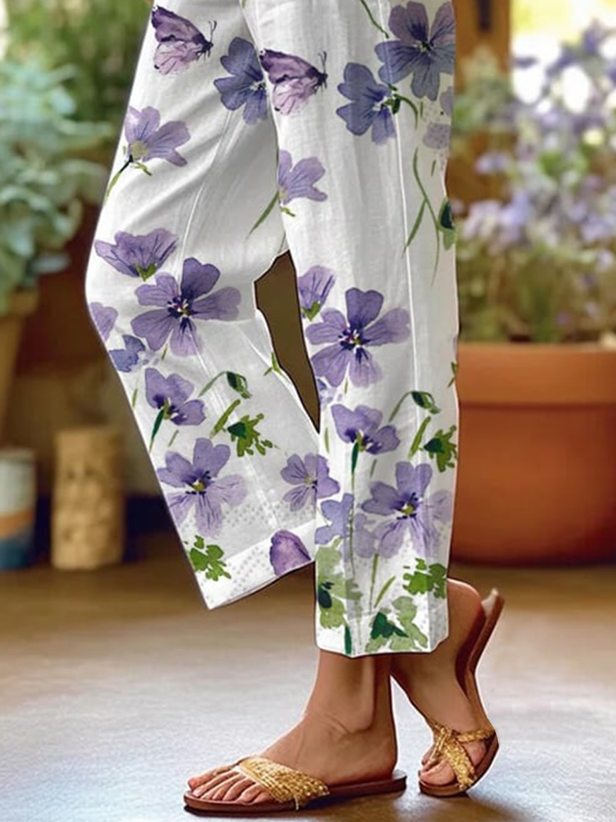 Casual Floral Ankle Pants Elastic Band Pocket Stitching Pant