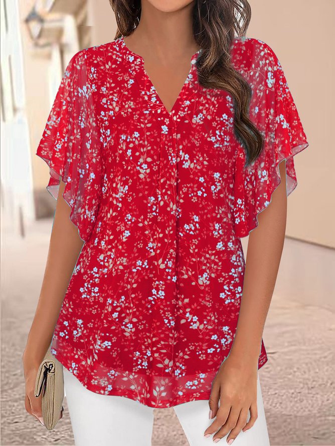 V Neck Short Sleeve Floral Regular Micro-Elasticity Loose Shirt For Women