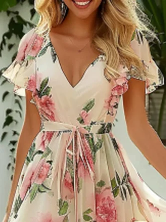 Women Floral V Neck Short Sleeve Comfy Vacation Midi Dress