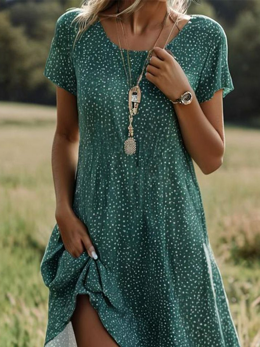 Women Polka Dots Crew Neck Short Sleeve Comfy Casual Midi Dress