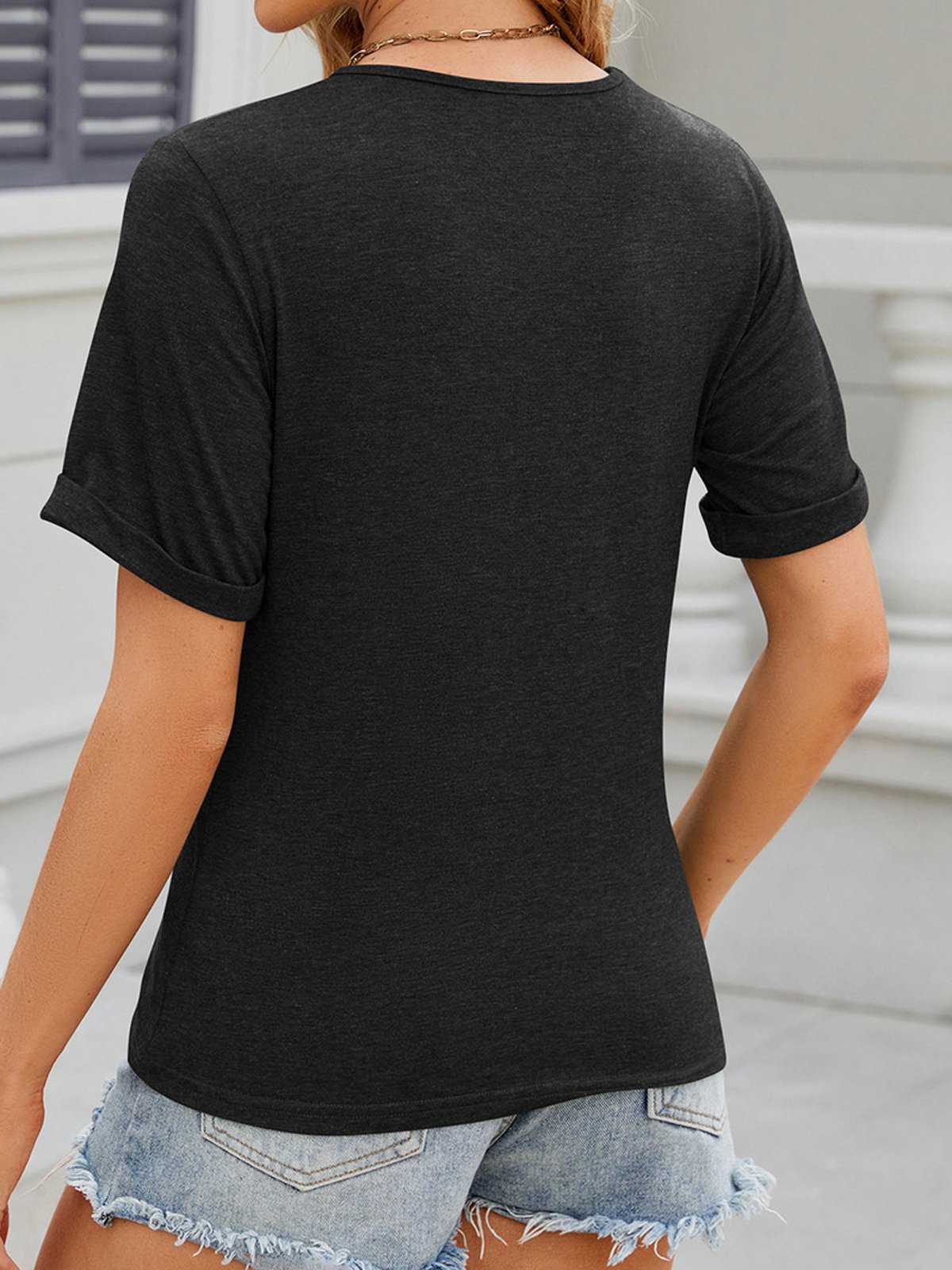 Crew Neck Short Sleeve Plain Buckle Regular Micro-Elasticity Loose Shirt For Women