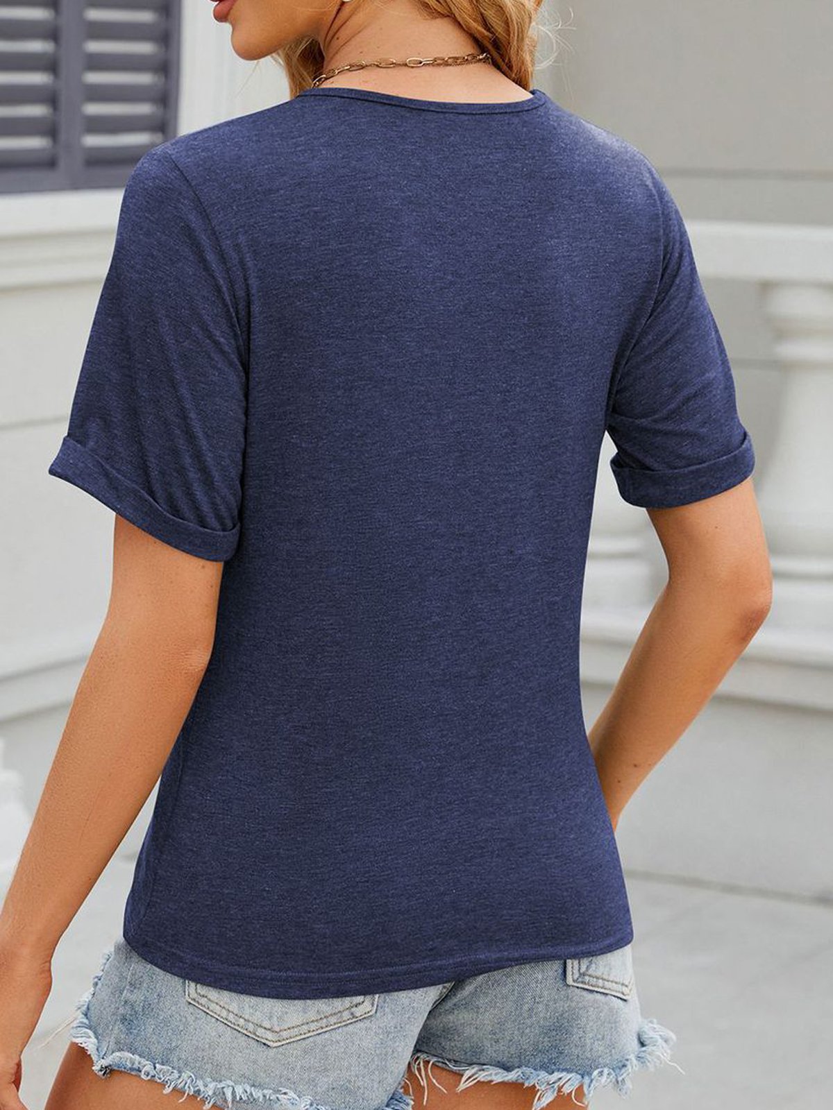Crew Neck Short Sleeve Plain Buckle Regular Micro-Elasticity Loose Shirt For Women