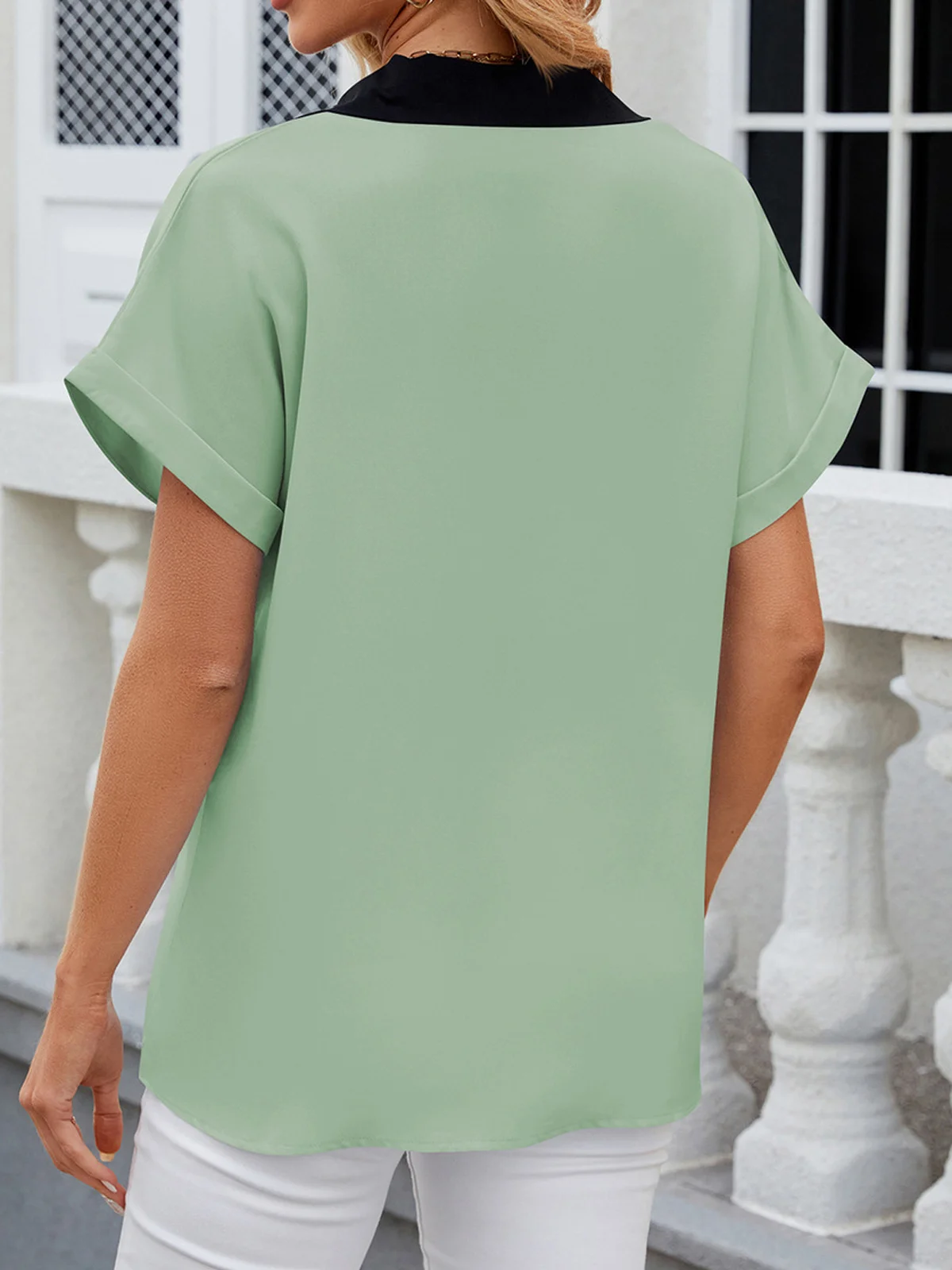 V Neck Short Sleeve Color Block Regular Loose Shirt For Women