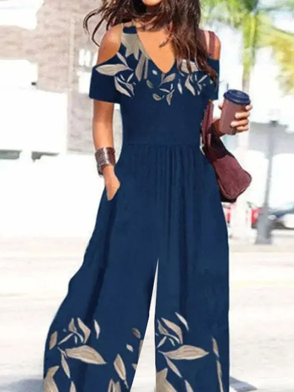 Women Short Sleeve V Neck Loose Ankle Pants Daily Casual Floral Natural Jumpsuit