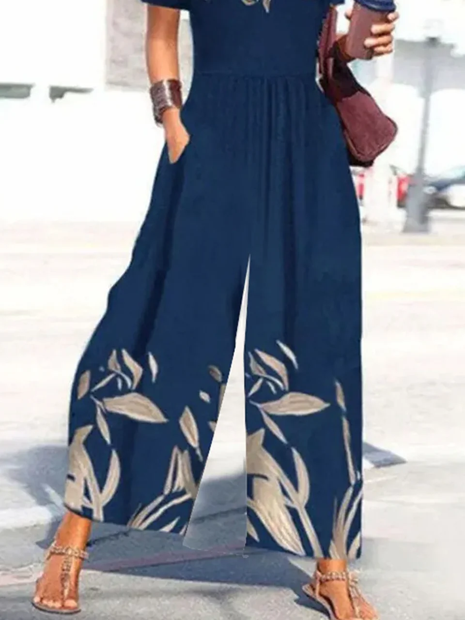 Women Short Sleeve V Neck Loose Ankle Pants Daily Casual Floral Natural Jumpsuit