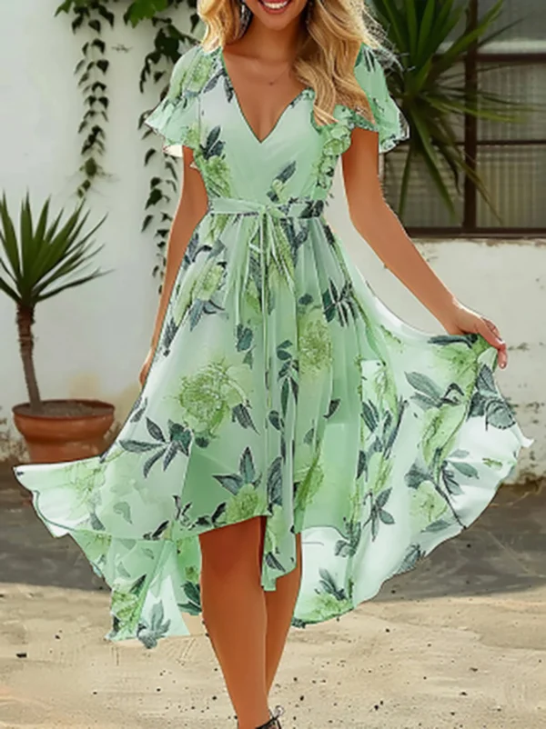 Women Floral V Neck Short Sleeve Comfy Vacation Midi Dress