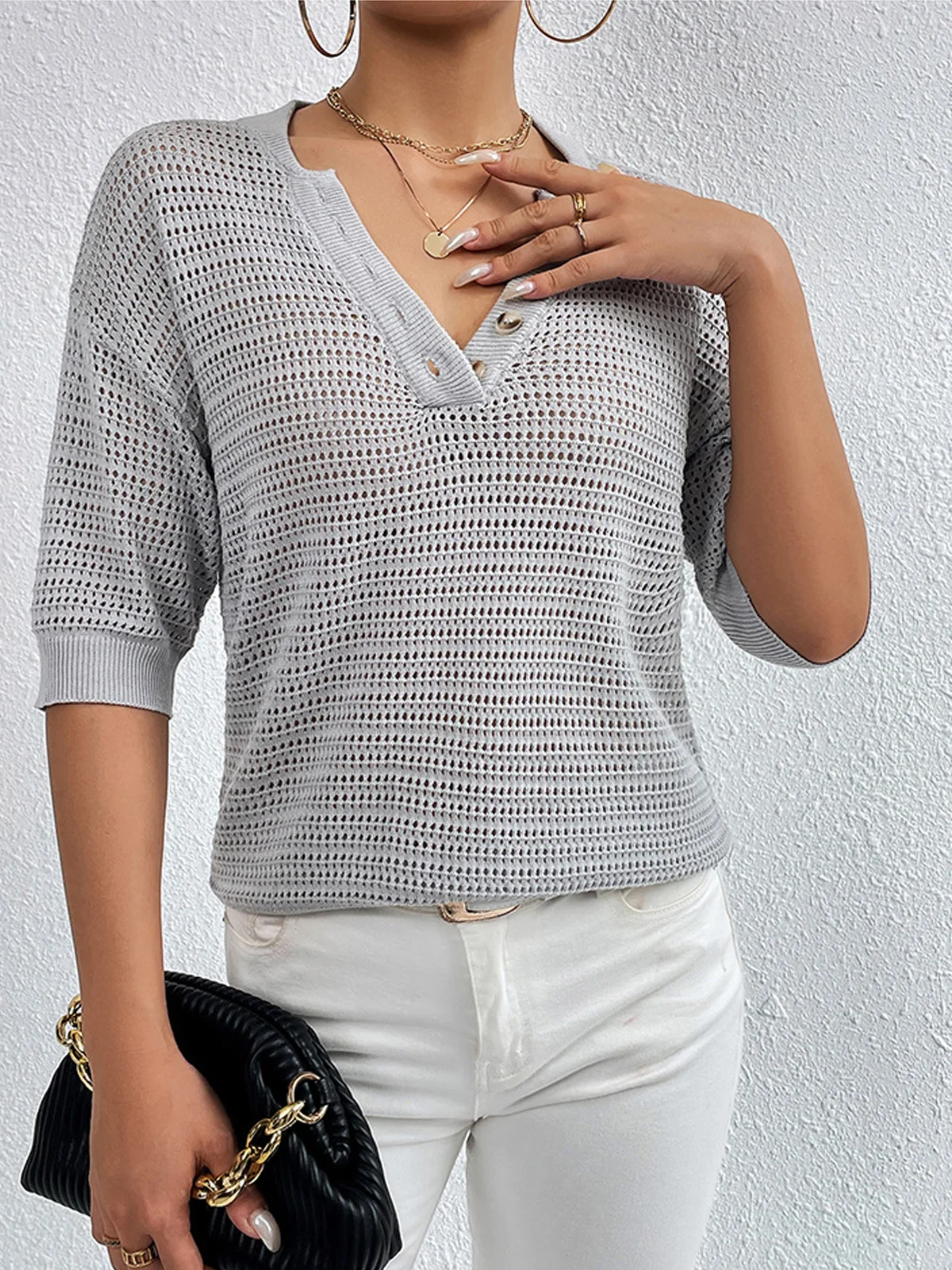 V Neck Short Sleeve Plain Buckle Regular Micro-Elasticity Loose Shirt For Women