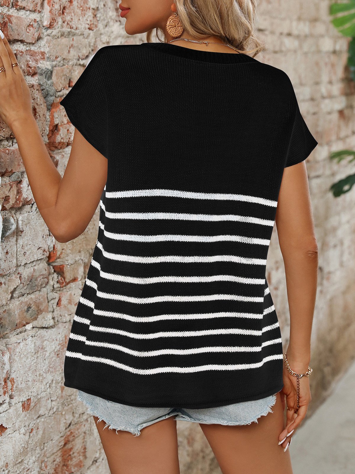 Crew Neck Short Sleeve Striped Regular Micro-Elasticity Loose Shirt For Women