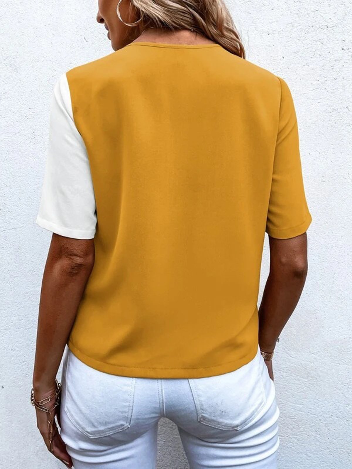 V Neck Short Sleeve Color Block Buckle Regular Loose Shirt For Women