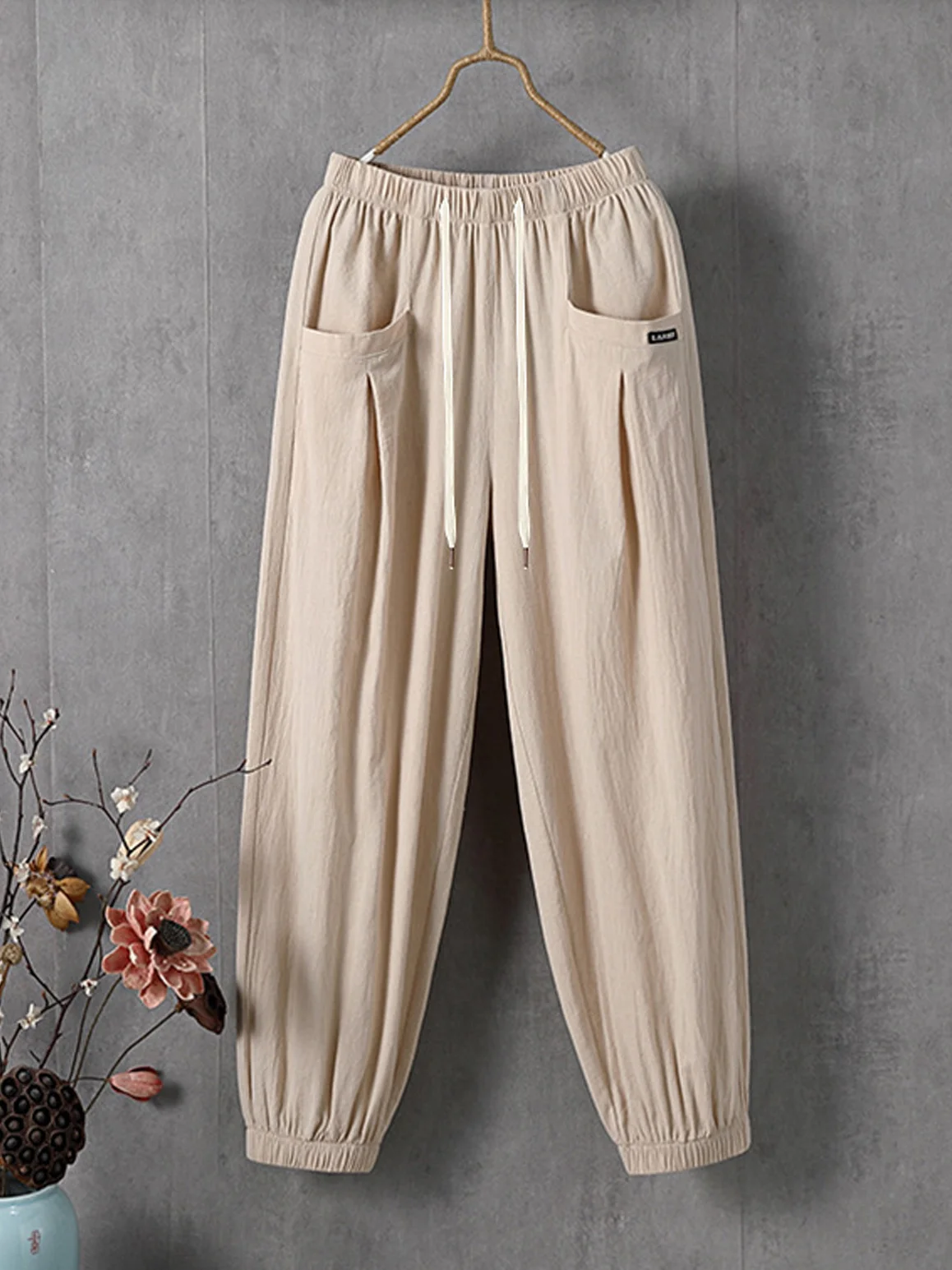 Casual Plain Ankle Pants Elastic Waist Pocket Stitching Pant