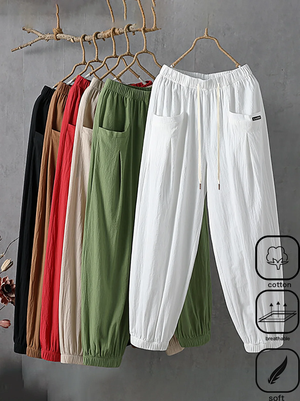 Casual Plain Ankle Pants Elastic Waist Pocket Stitching Pant