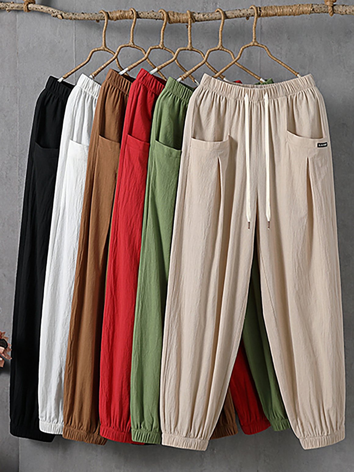 Casual Plain Ankle Pants Elastic Waist Pocket Stitching Pant