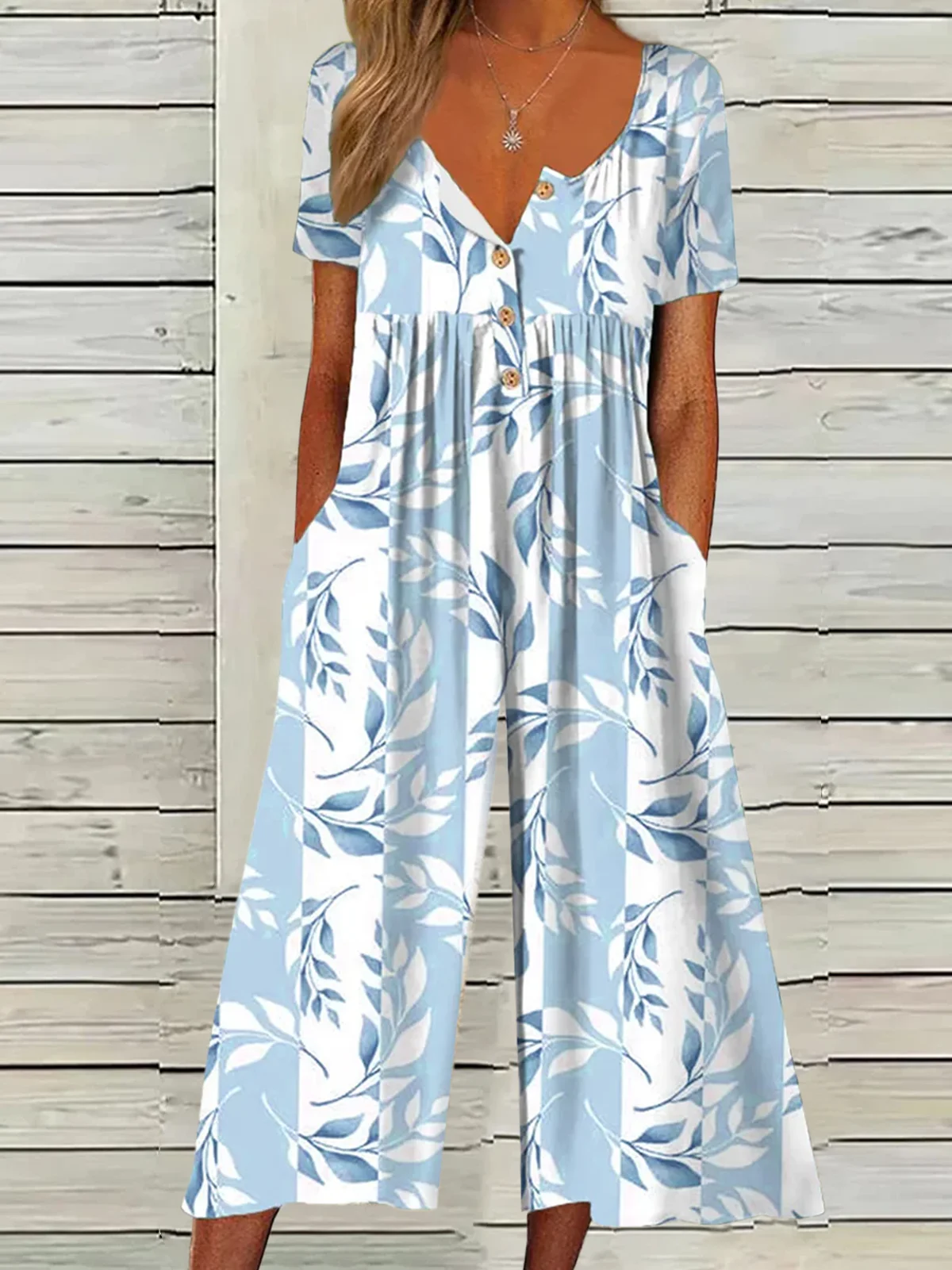 Women Short Sleeve Half Open Collar Loose Ankle Pants Daily Casual Floral Natural Jumpsuit