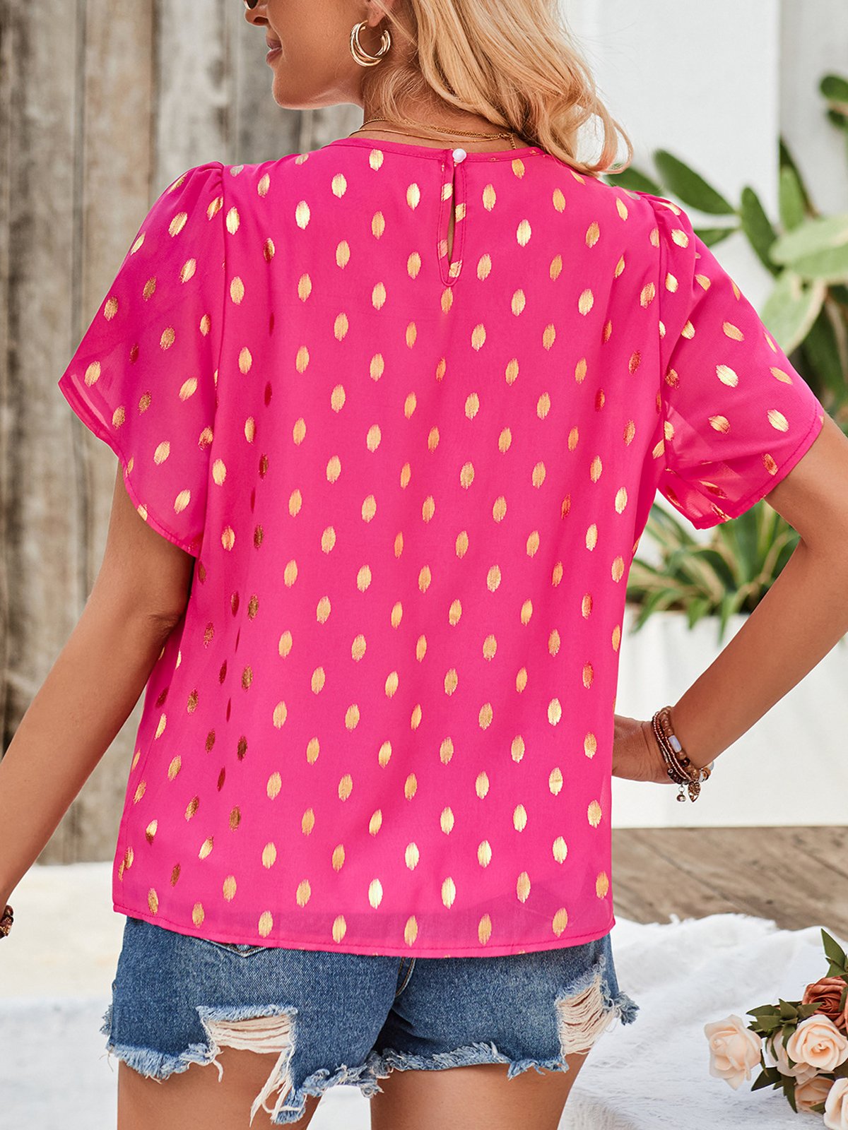 Crew Neck Short Sleeve Polka Dots Regular Loose Shirt For Women