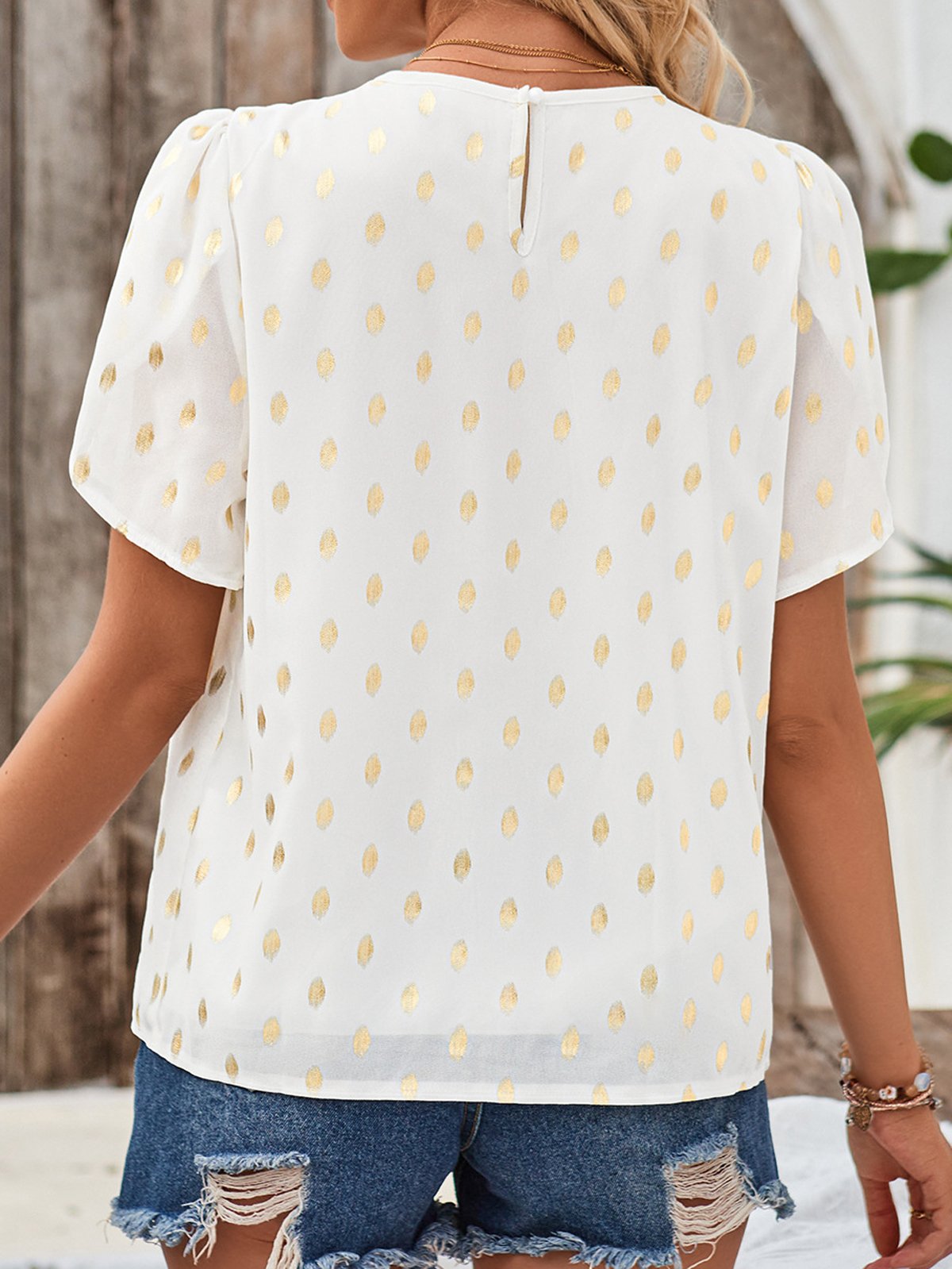 Crew Neck Short Sleeve Polka Dots Regular Loose Shirt For Women