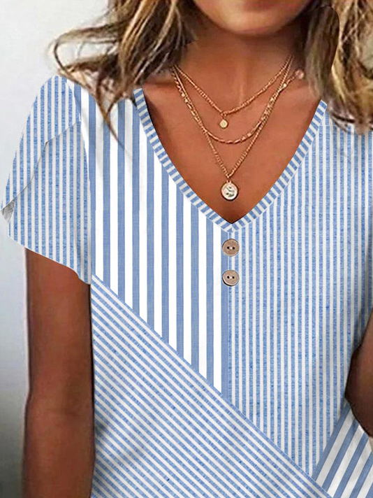 Casual Abstract Stripes V Neck Short Sleeve T-shirt