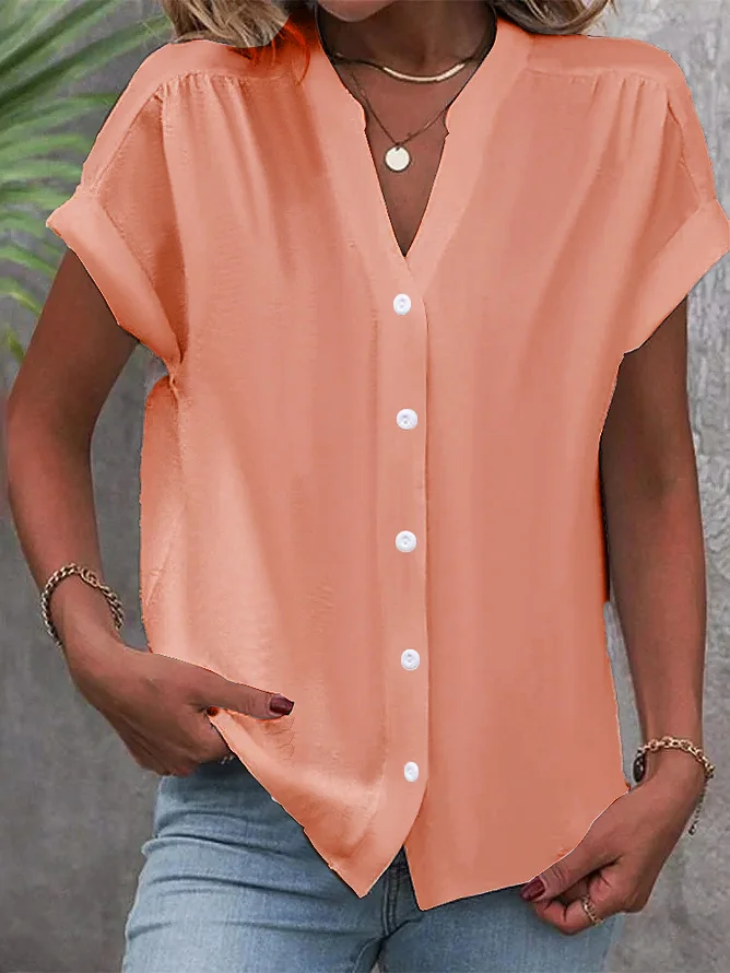 Stand Collar Short Sleeve Plain Regular Loose Blouse For Women