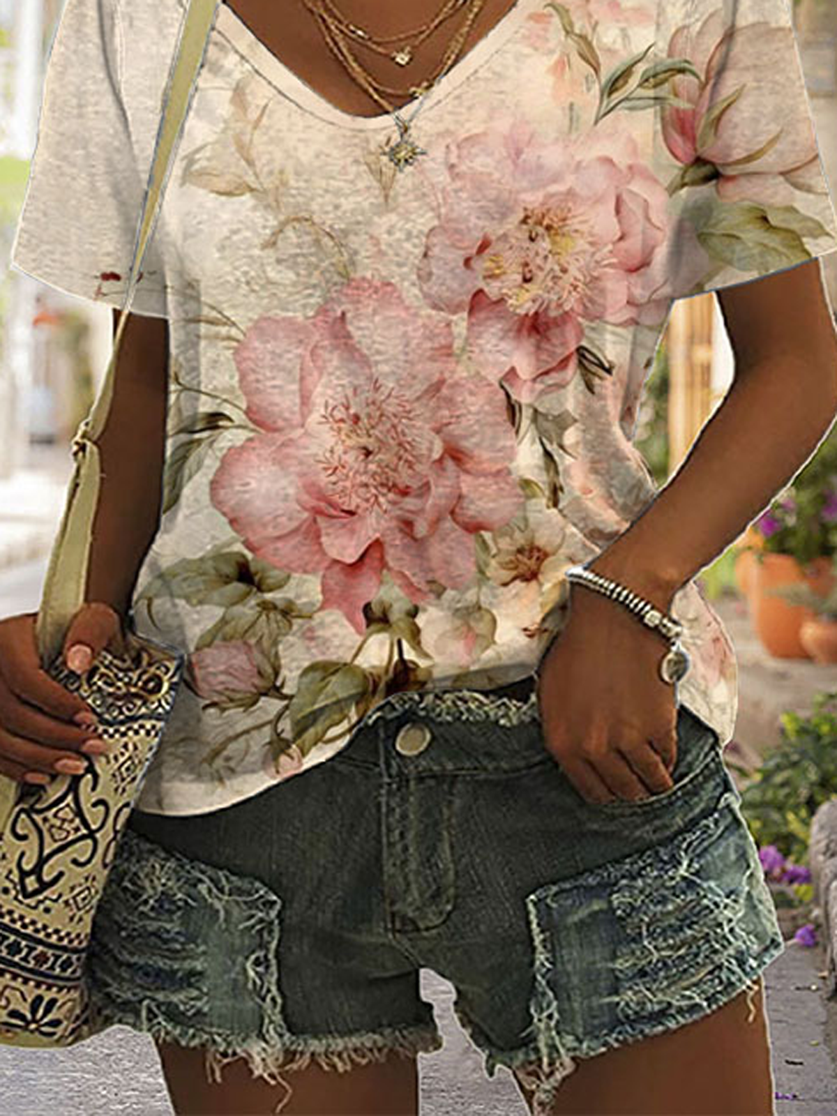 Casual Floral V Neck Short Sleeve T-shirt