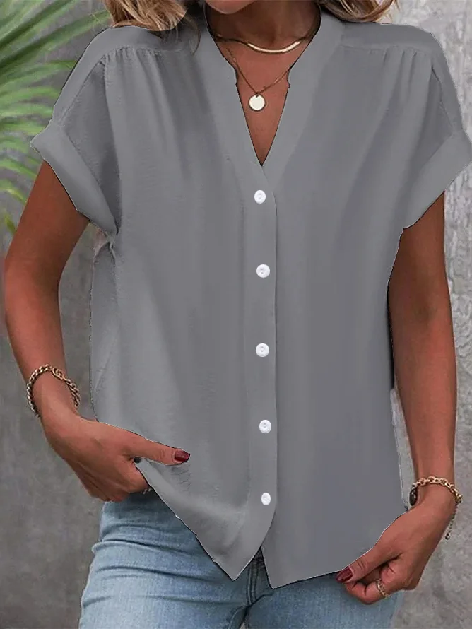 Stand Collar Short Sleeve Plain Regular Loose Blouse For Women