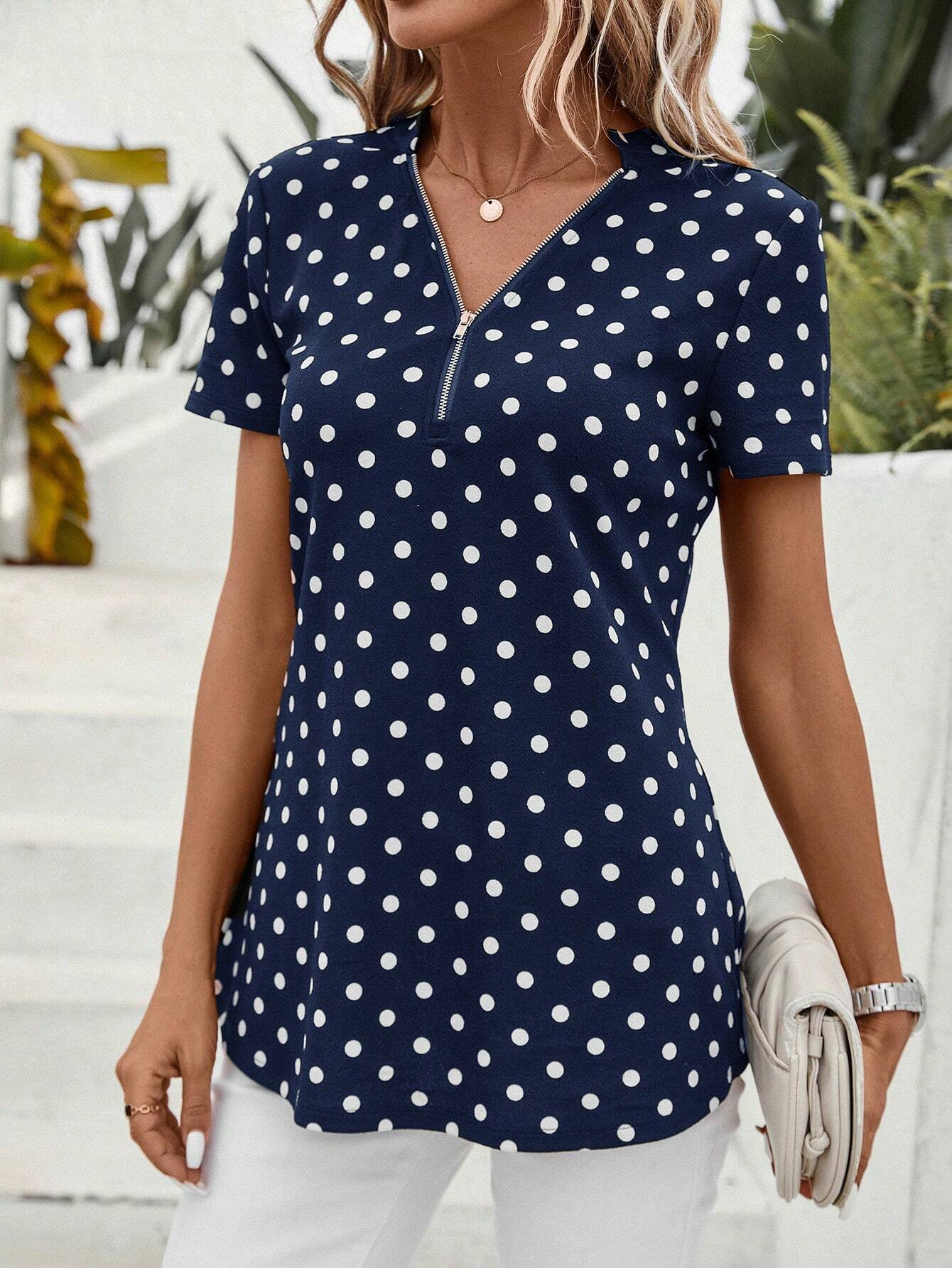 V Neck Short Sleeve Polka Dots Zipper Regular Micro-Elasticity Regular Fit Shirt For Women
