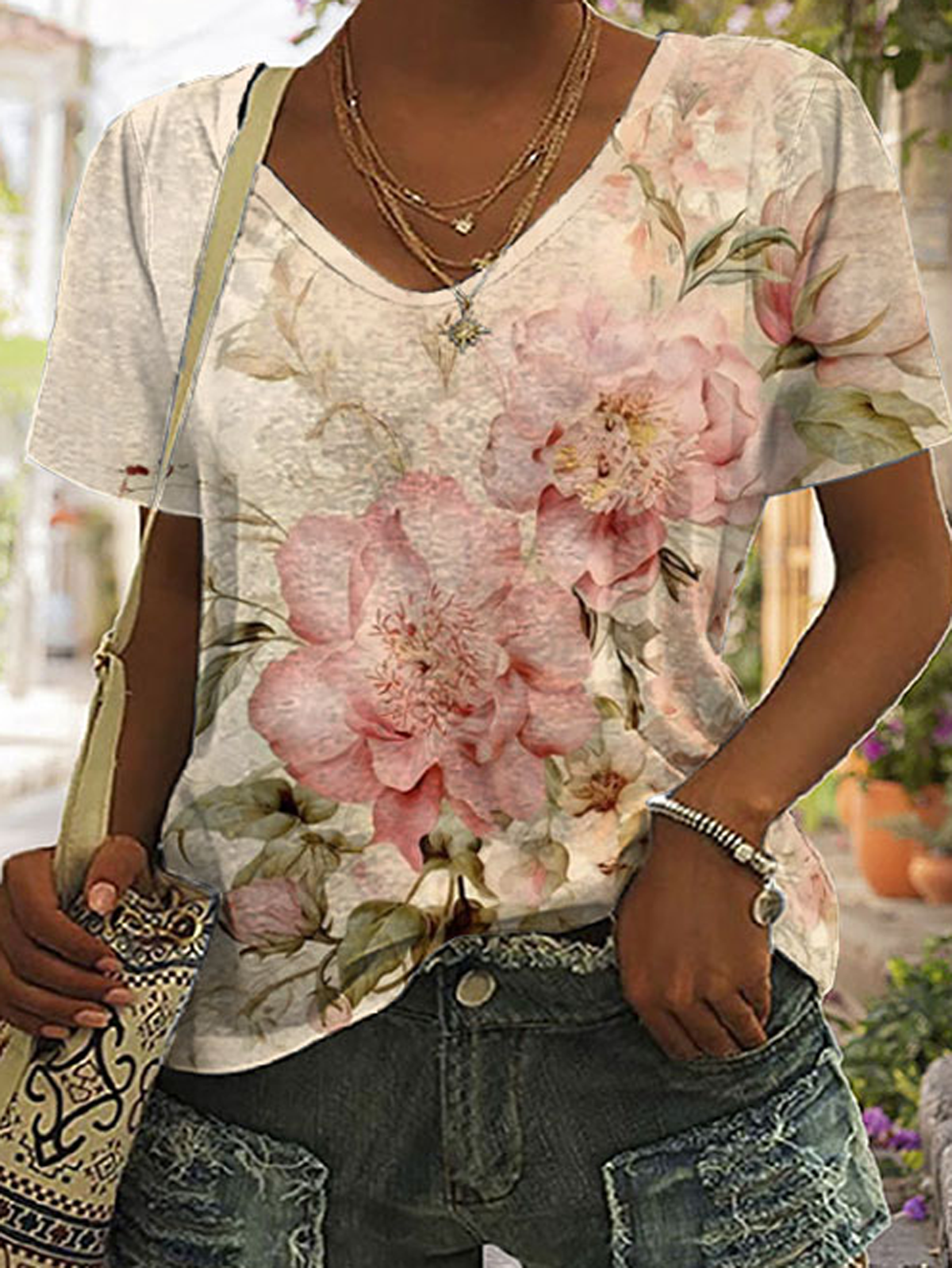 Casual Floral V Neck Short Sleeve T-shirt