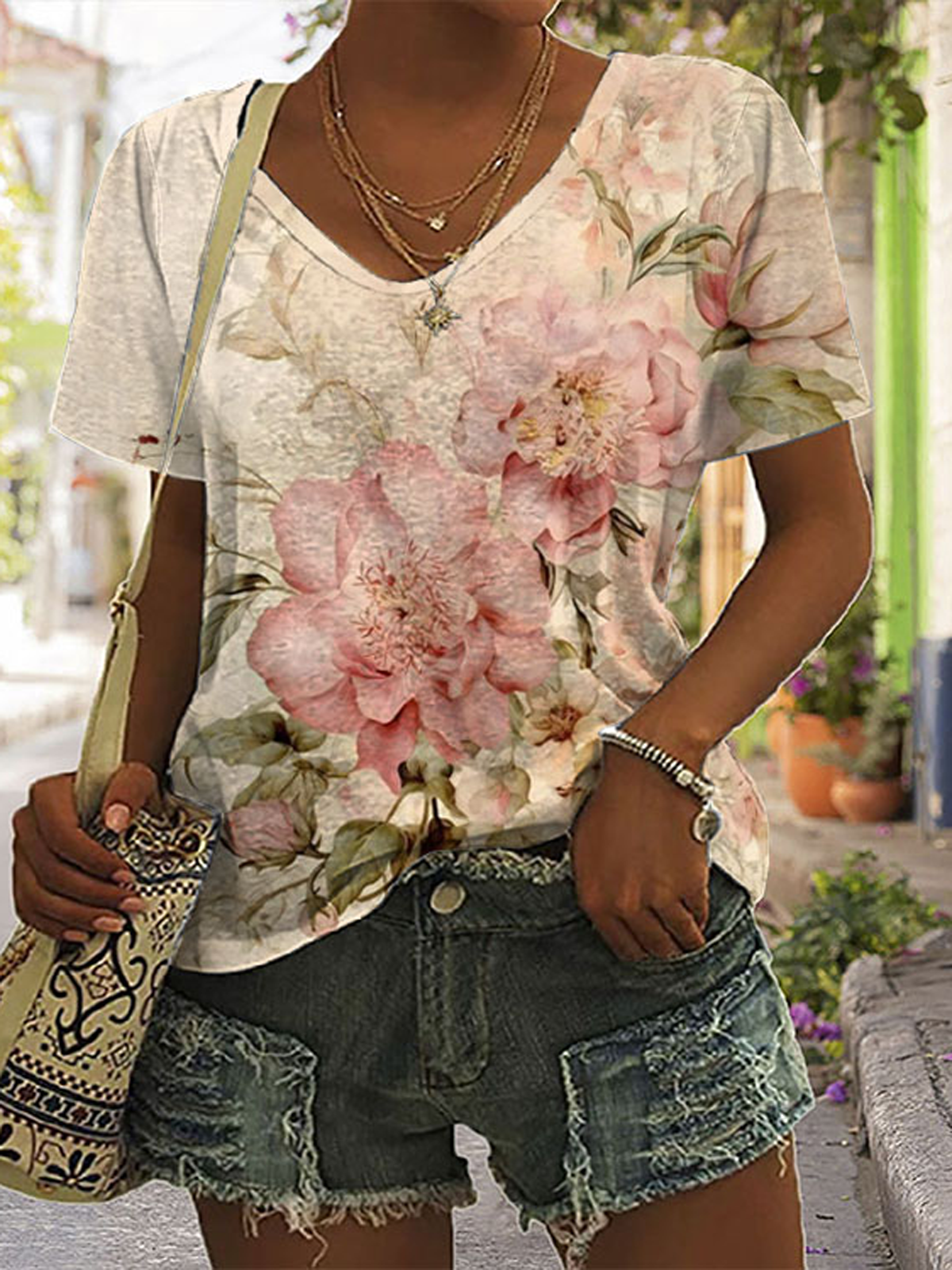 Casual Floral V Neck Short Sleeve T-shirt