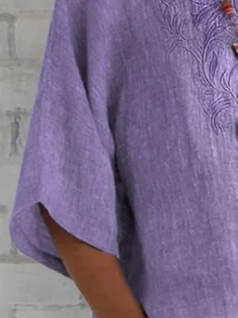 Crew Neck Short Sleeve Plain Embroidery Regular Loose TUNIC Shirt For Women