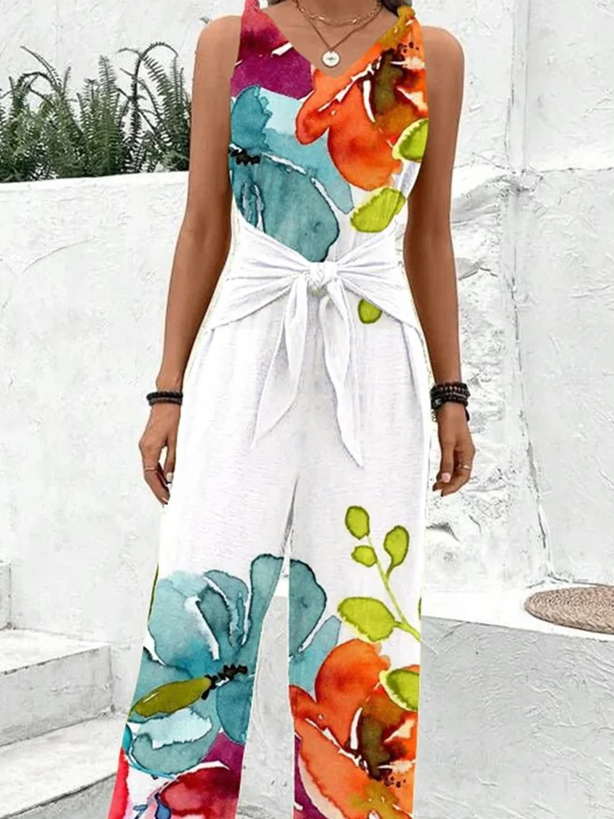 Women Sleeveless V Neck Loose Long Daily Casual Floral Natural Jumpsuit