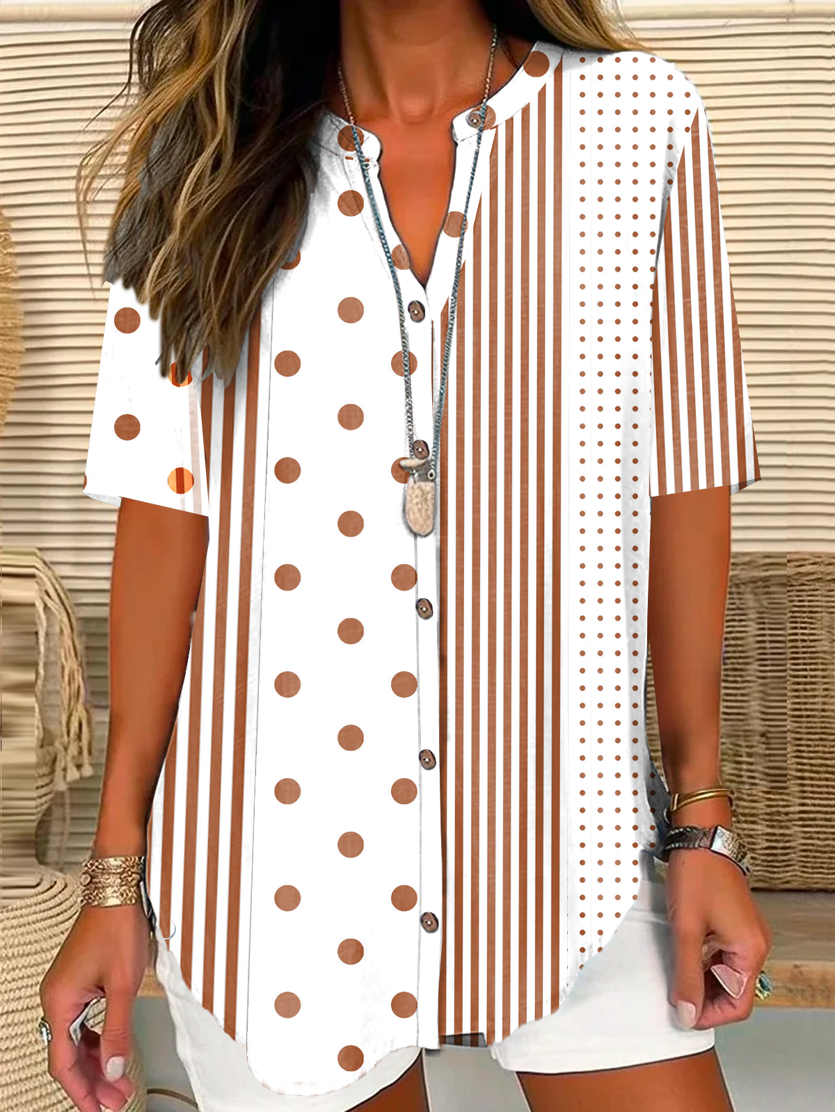 Shirt Collar Short Sleeve Striped Buttoned Regular Loose TUNIC Blouse For Women