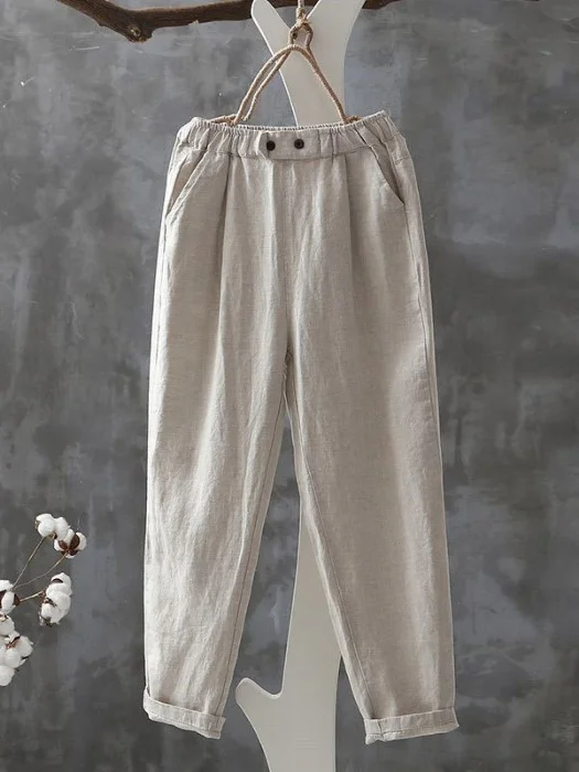 Casual Cotton Plain Ankle Pants Elastic Waist Pocket Stitching Pants