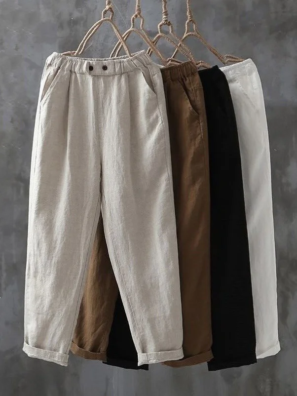 Casual Cotton Plain Ankle Pants Elastic Waist Pocket Stitching Pants