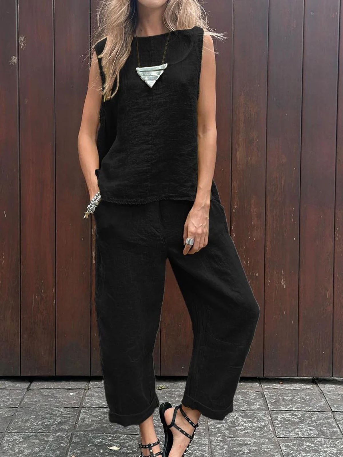 Women Plain Crew Neck Sleeveless Comfy Casual Top With Pants Two-Piece Set