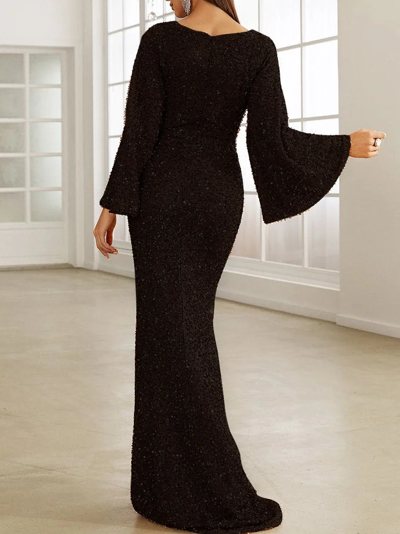 Women Plain Crew Neck Long Sleeve Comfy Sexy Maxi Dress