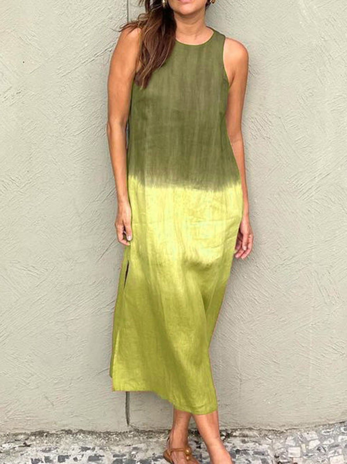 Women Ombre Crew Neck Sleeveless Comfy Casual Maxi Dress